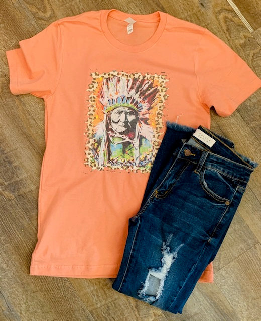 Colorful Indian Leopard Frame Orange Tee. Bella Canvas.