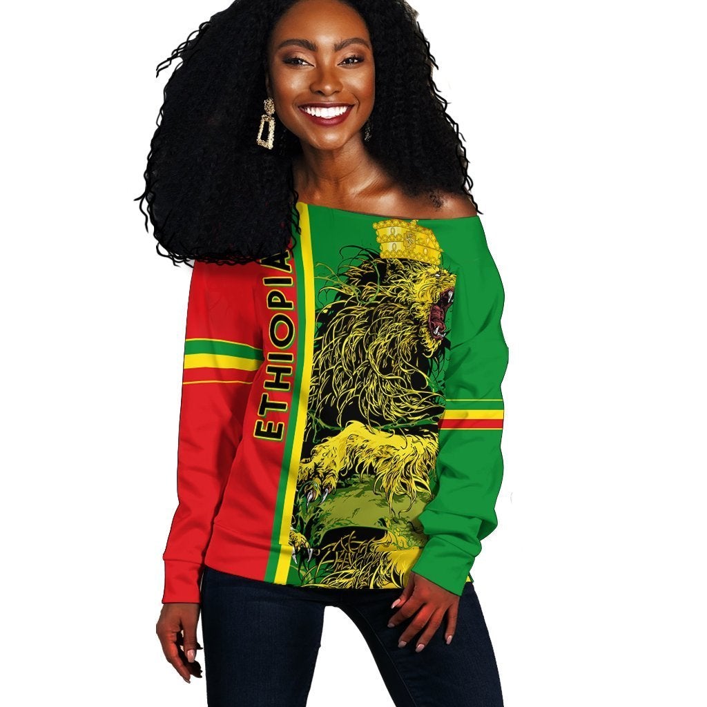 Wonder Print Shop Sweater – Ethiopia Women Off Shoulder Quarter Style – Lion Crown Green Red