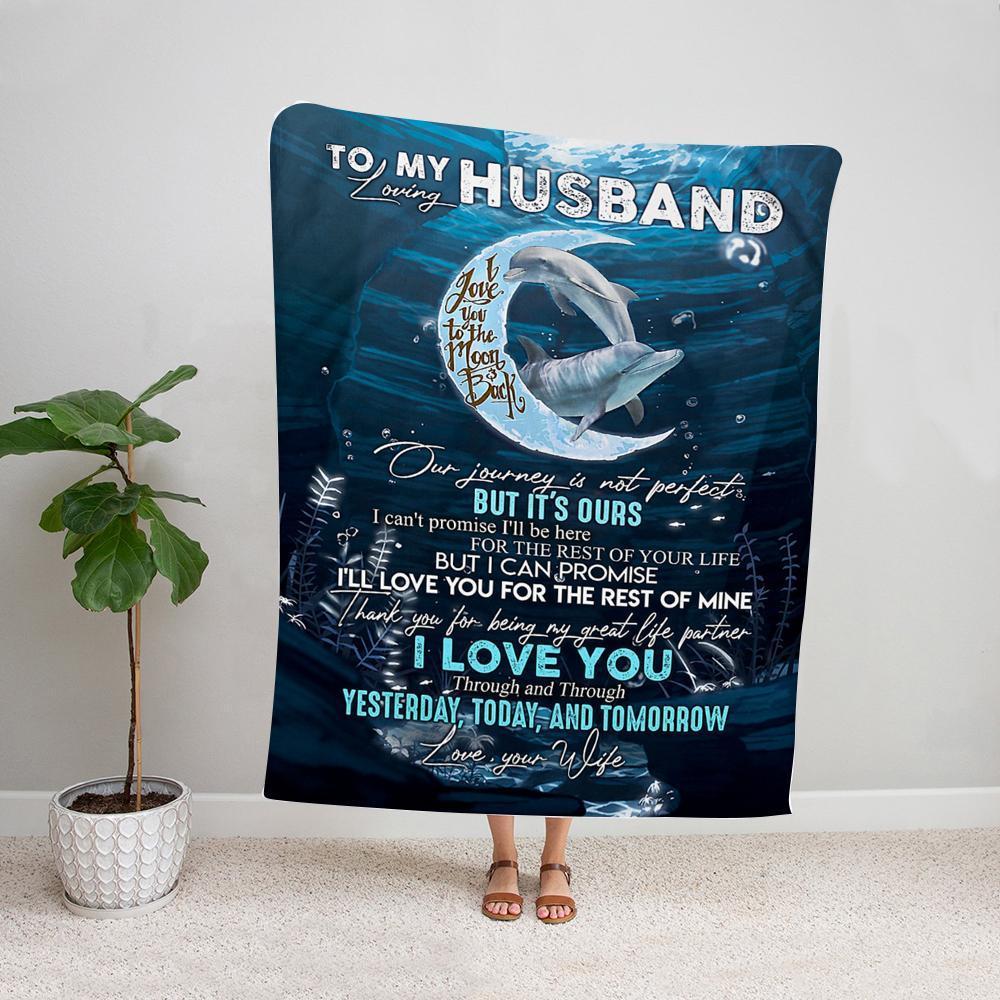 Dolphin Couple Wife O My Loving Husband I Love You To The Moon & Back Ocean Night Fleece Blanket