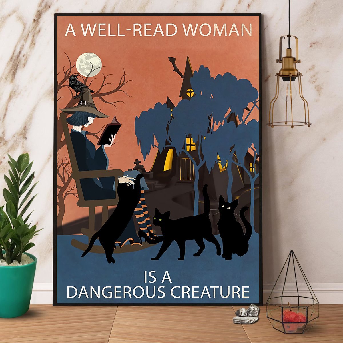 Vintage Witch & Black Cat A Well Read Woman Is A Dangerous Creature Halloween Gift Paper Poster No Frame  Matte Canvas Wall Decor