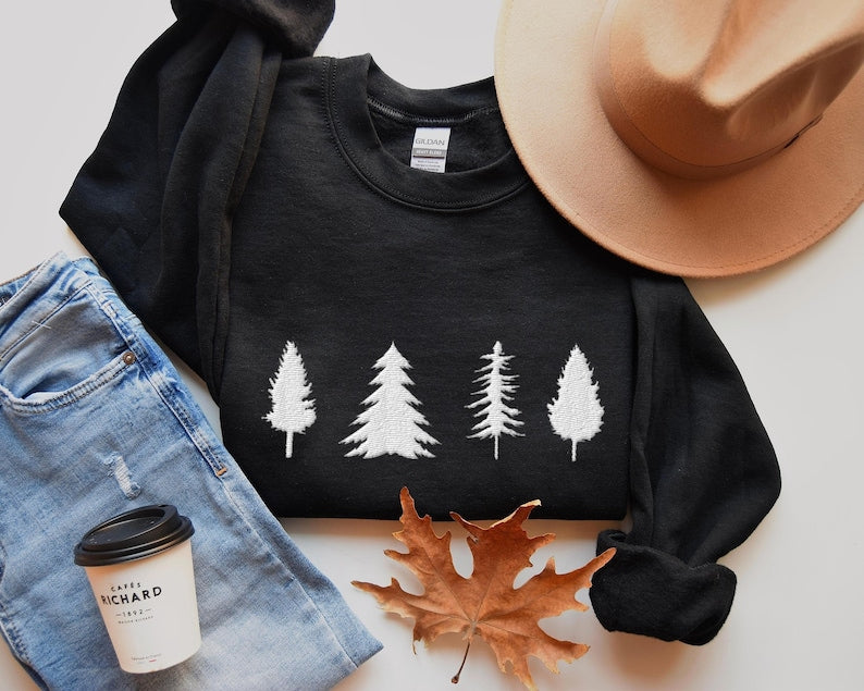 Christmas Pine Trees Embroidered Sweatshirt 2D Crewneck Sweatshirt All Over Print Sweatshirt For Women Sweatshirt For Men Sws4356