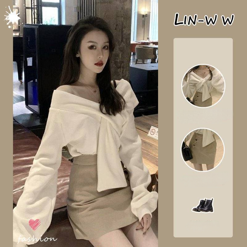 Women Outfits 2022 Spring Autumn Skirt 2 Pieces Set White Knitted Sweater and Bodycon Mini Skirts Chic Female Clothing Y alx