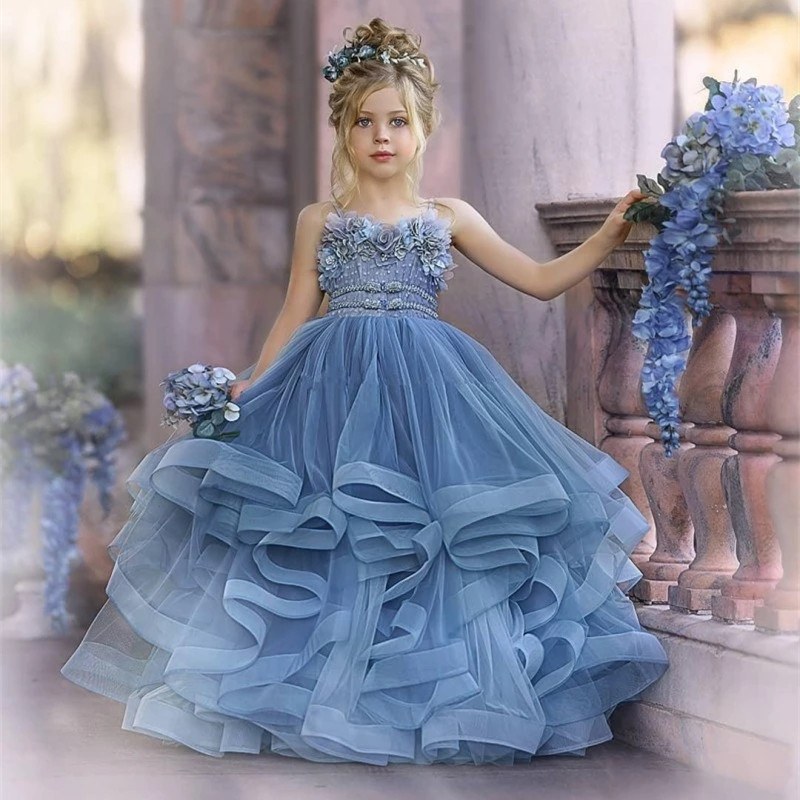 Blue Flower Girl Dresses For Wedding robe de soirée de mariage Kids Pageant Gowns Tulle Ruffled First Communion Dress alx