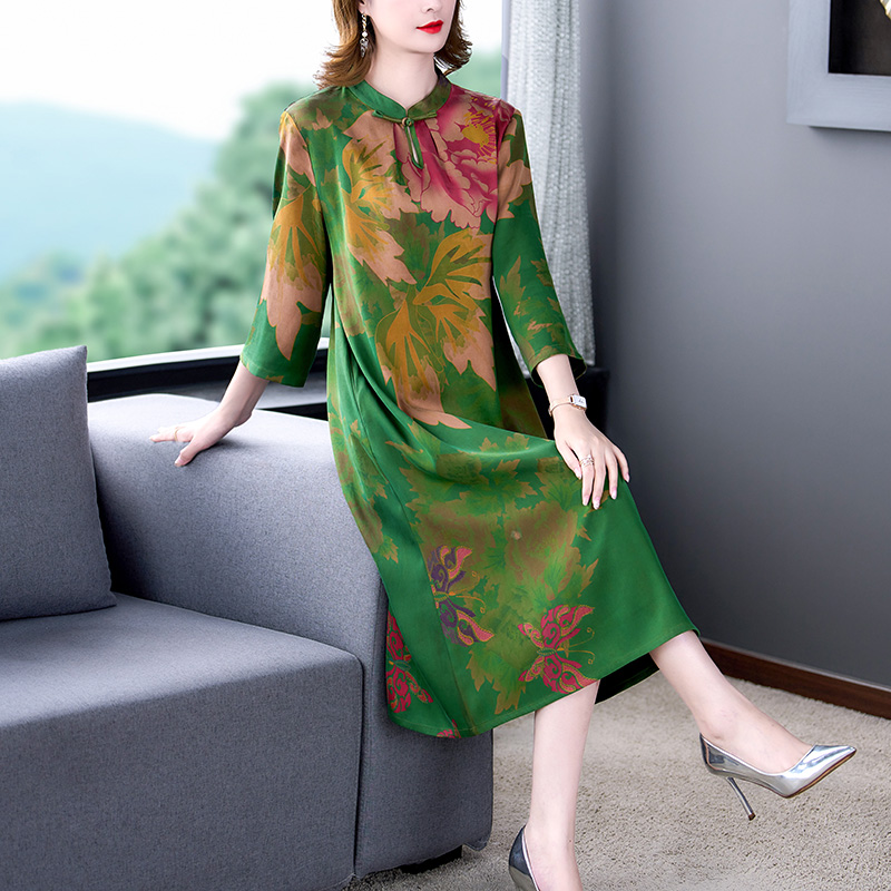 2022 High-End Women’s Printed Silk Dress Large Size Loose Retro Slim Temperament Long Dress Fashion Party Cheongsam Long Dress alx