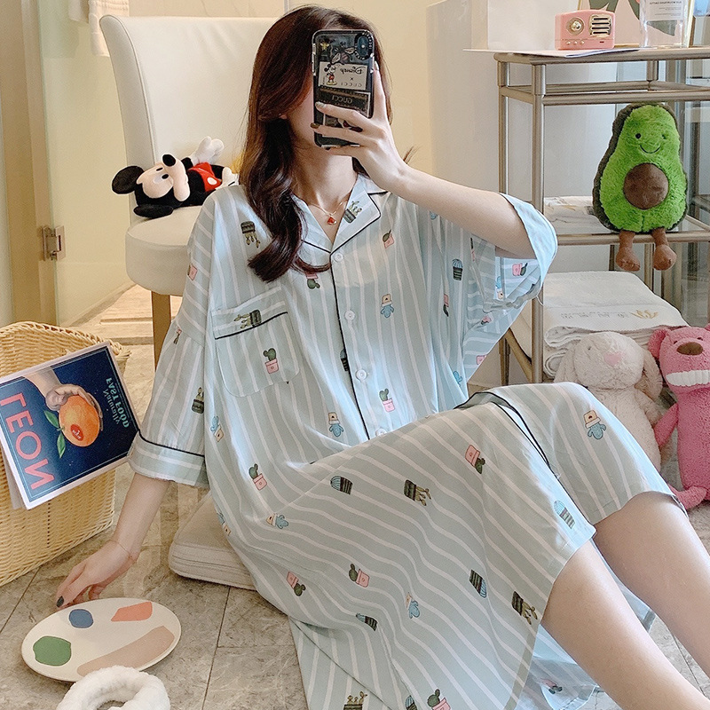 Womens Plus Size Sleep Shirt Nightgown Striped Sleepwear 3/4 Sleeves Nightshirt Summer Soft Pajama Dress Button Down Sleep Dress alx