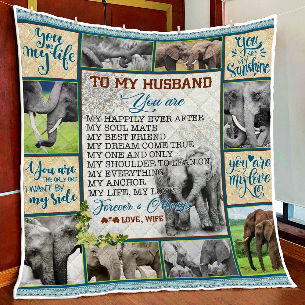 To My Husband You Are My Happily Ever After. Elephant Couple Quilt Blanket