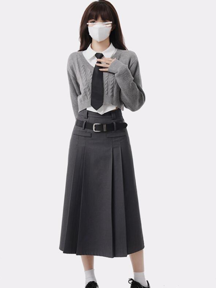 Xgoth College Knitted Sweater 3pcs Suit Women’s Autumn Retro Gray Sweater + Long-sleeved Shirt + High-waisted Half-length Skirt alx