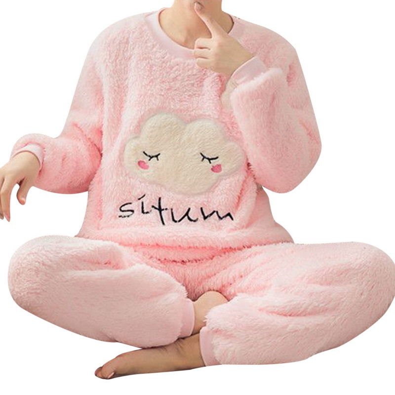 Winter Pajamas Flannel Korean Sleepwear Cute Cartoon Set Velvet Warm Pijama Round Neck Pyjama Homewear Women alx