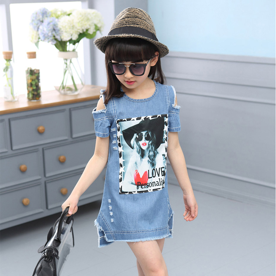 Aixinghao Children Dresses For Girls Casual Denim Strapless Dress Girls Summer Teenage Cartoon Pattern Girls Denim Clothes 8 10 alx