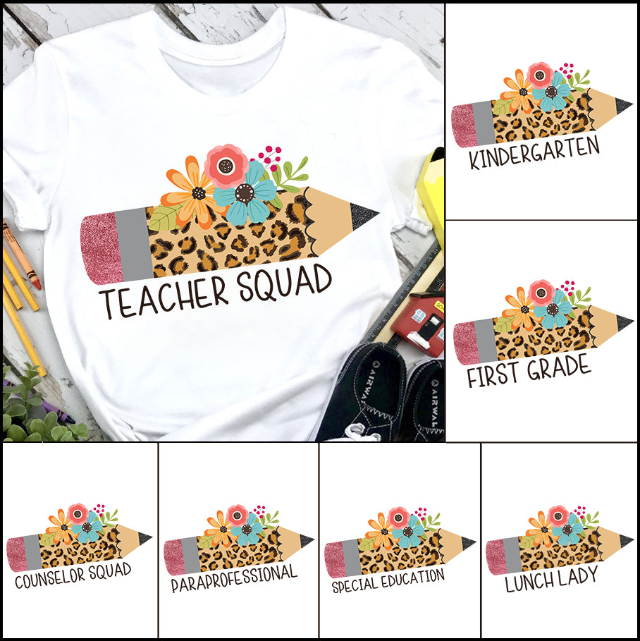 Personalized T-Shirt Teacher Squad Leopard Pencil With Flower Printed Custom Title Shirt Back To School Outfit