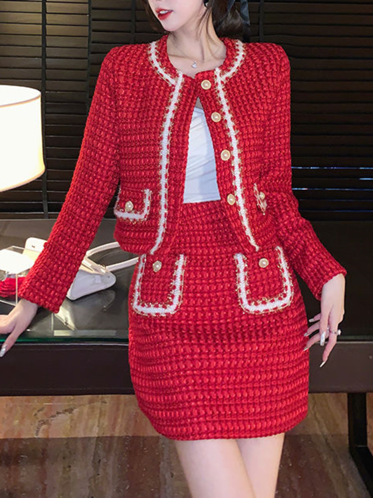 2022 New Autumn Winter Small Fragrance Suits Casual Long Sleeve Slim Red Tweed Coat Temperament Skirt Two Piece Set Women alx