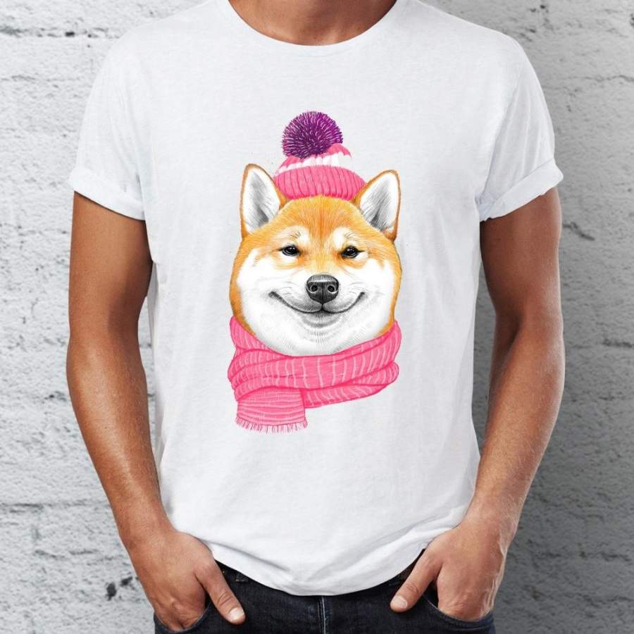 Men’s T Shirt Shiba Inu Dog Doge Wearing for Winter Awesome Animals Tee