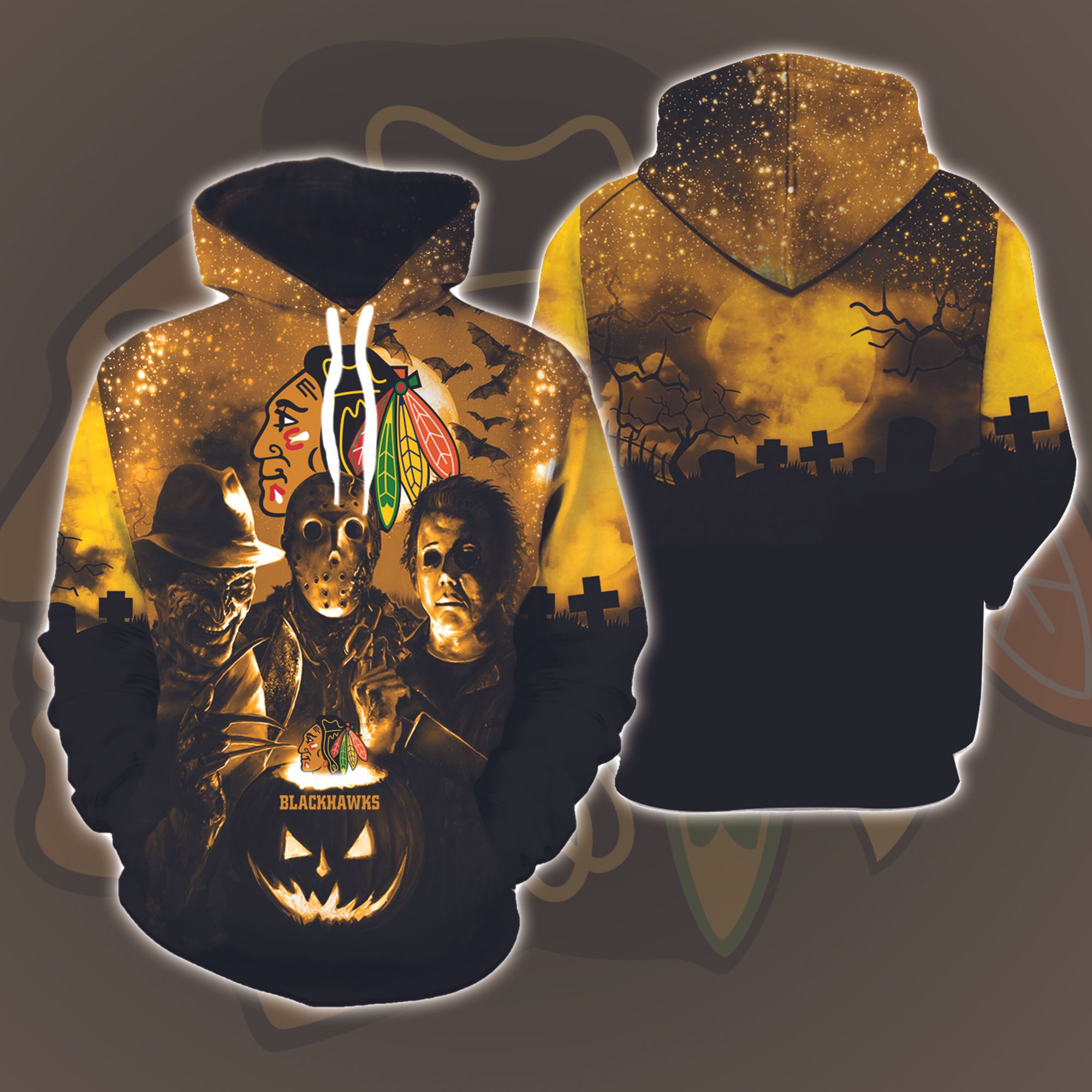 Chicago Blackhawks Halloween and Michael Myers, Jason Voorhees, Freddy Krueger 3D Printed Hoodie