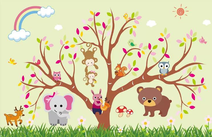 3D Cartoon Tree Animal Rainbow Wall Mural Wallpaper Lqh 496