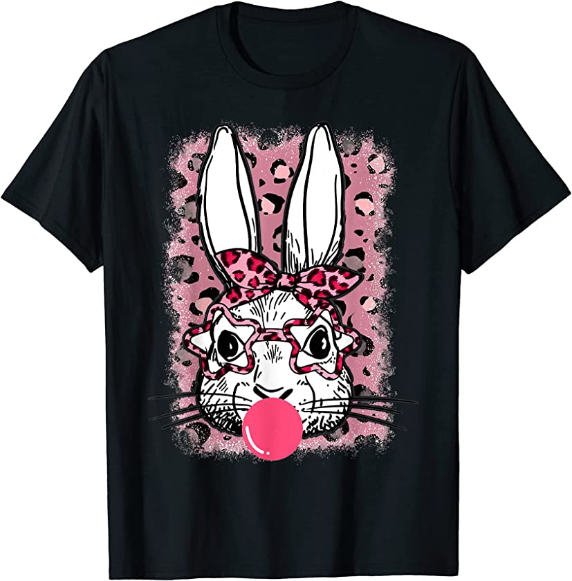 Leopard Print Rabbit Bunny Blowing Bubble Gum Easter Day T-Shirt