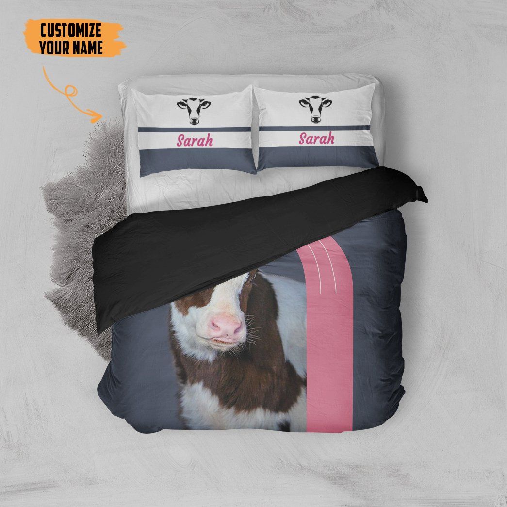 3D Girl Loves Cow Custom Name Bedding Set