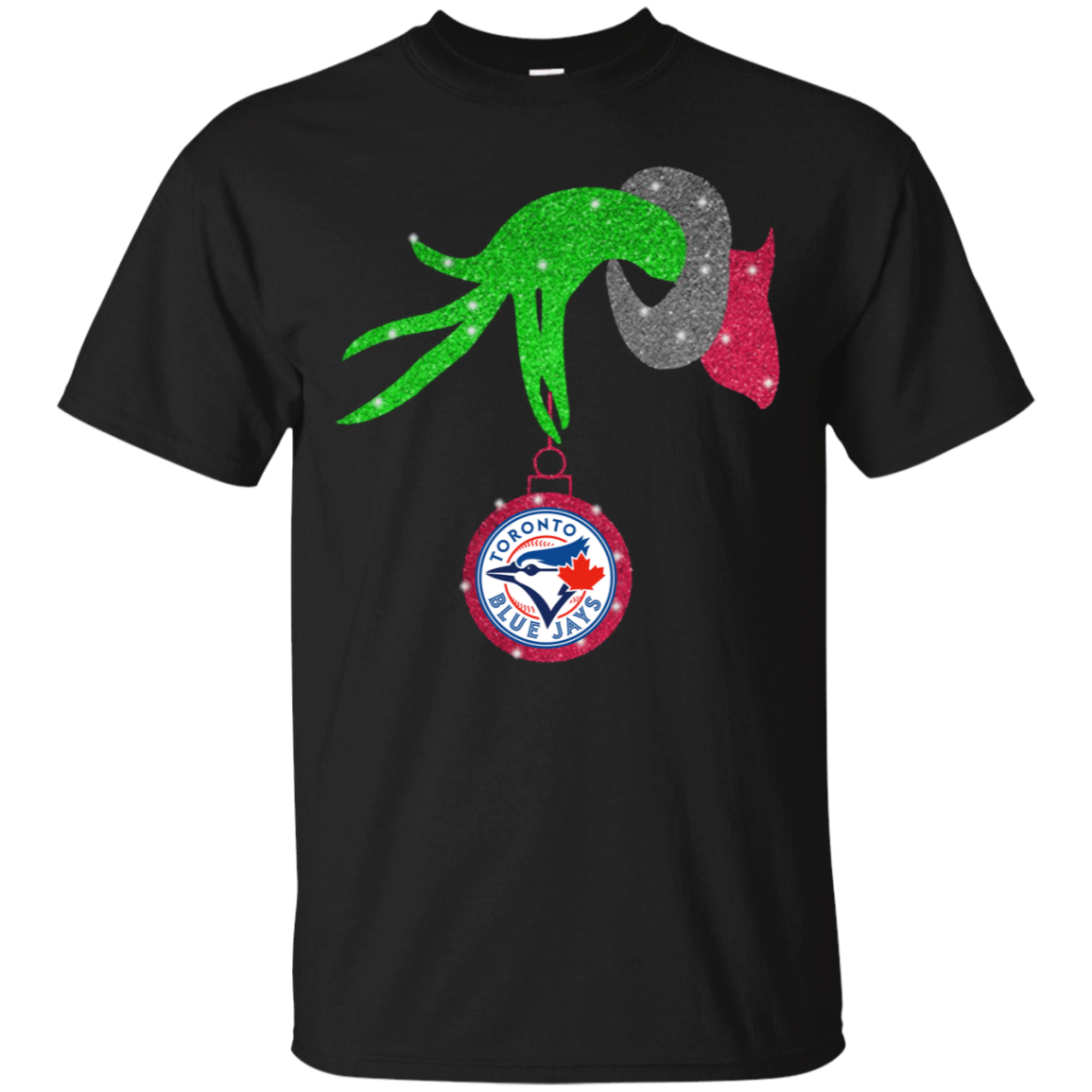 Find Grinch hand holding Toronto Blue Jays Glitter Christmas shirt Cotton Shirt