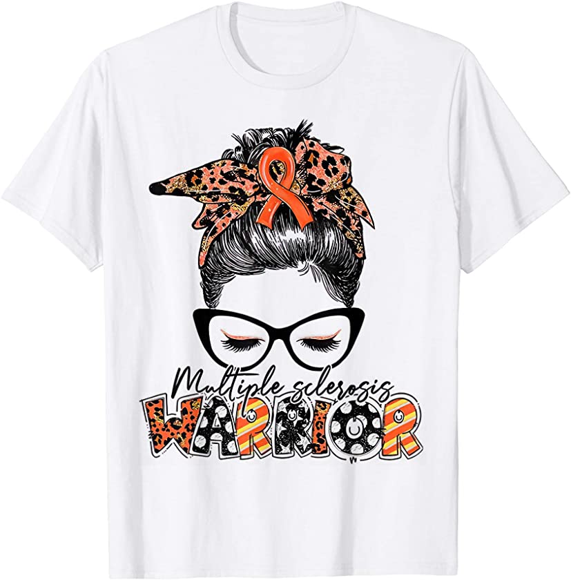 Womens Messy Bun Leopard Multiple Sclerosis Awareness Mom T-Shirt