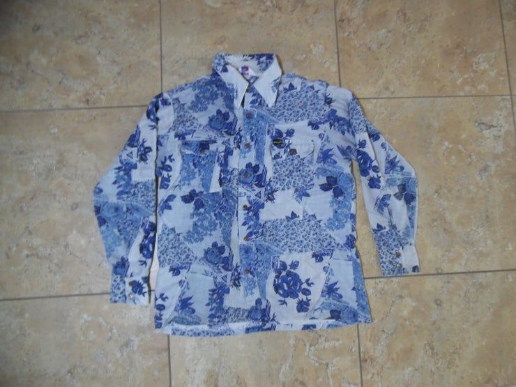 Vtg 1970S Wrangler Mock Denim Blue Floral Snap Button Cowboy Western Usa Made Shirt