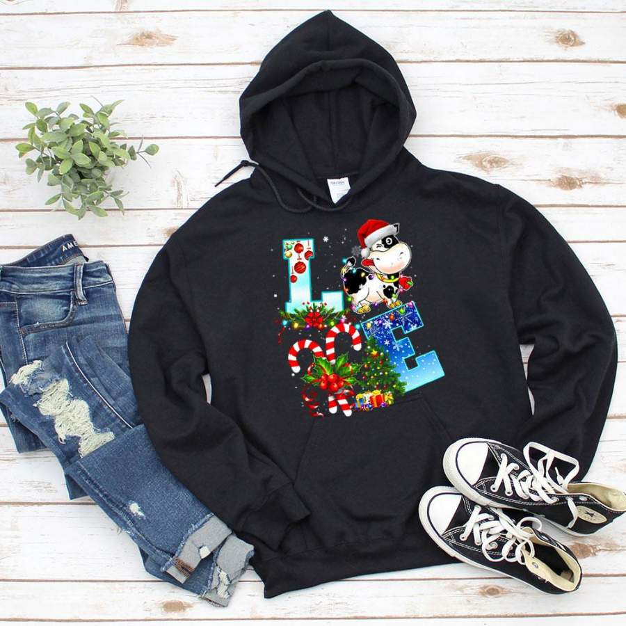 Cute cow love christmas candy cane lovers xmas tree gift ornament light funny happy time black hoodie for men and women S-5XL