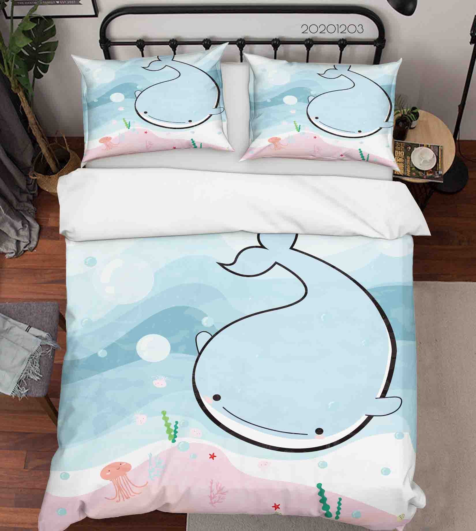 3D Cartoon Blue Ocean Baby Whale Bubble Seaweed Quilt Cover Set Bedding Set Duvet Cover Pillowcases Lxl