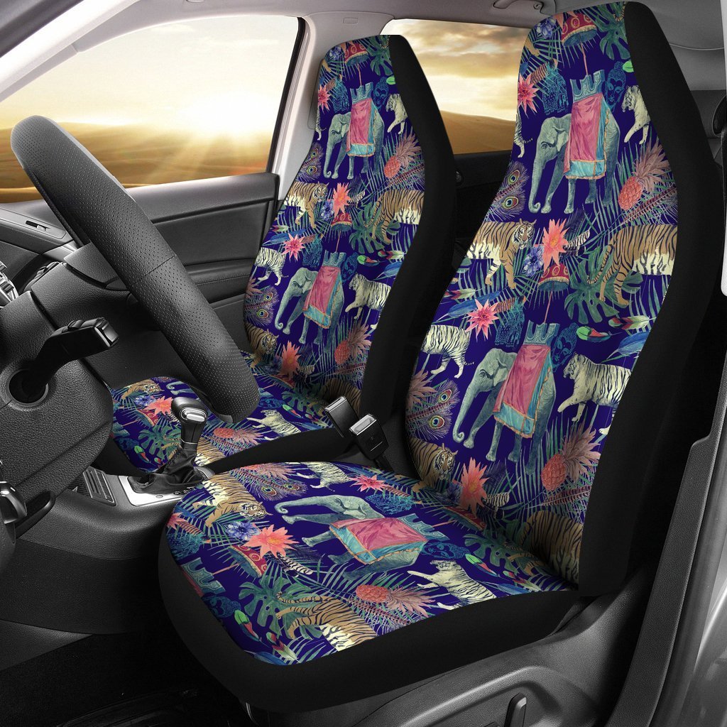 Tropical Palm Leave Peacock Tiger Elephant Seat Cover Car Seat Covers Set 2 Pc, Car Accessories Car Mats