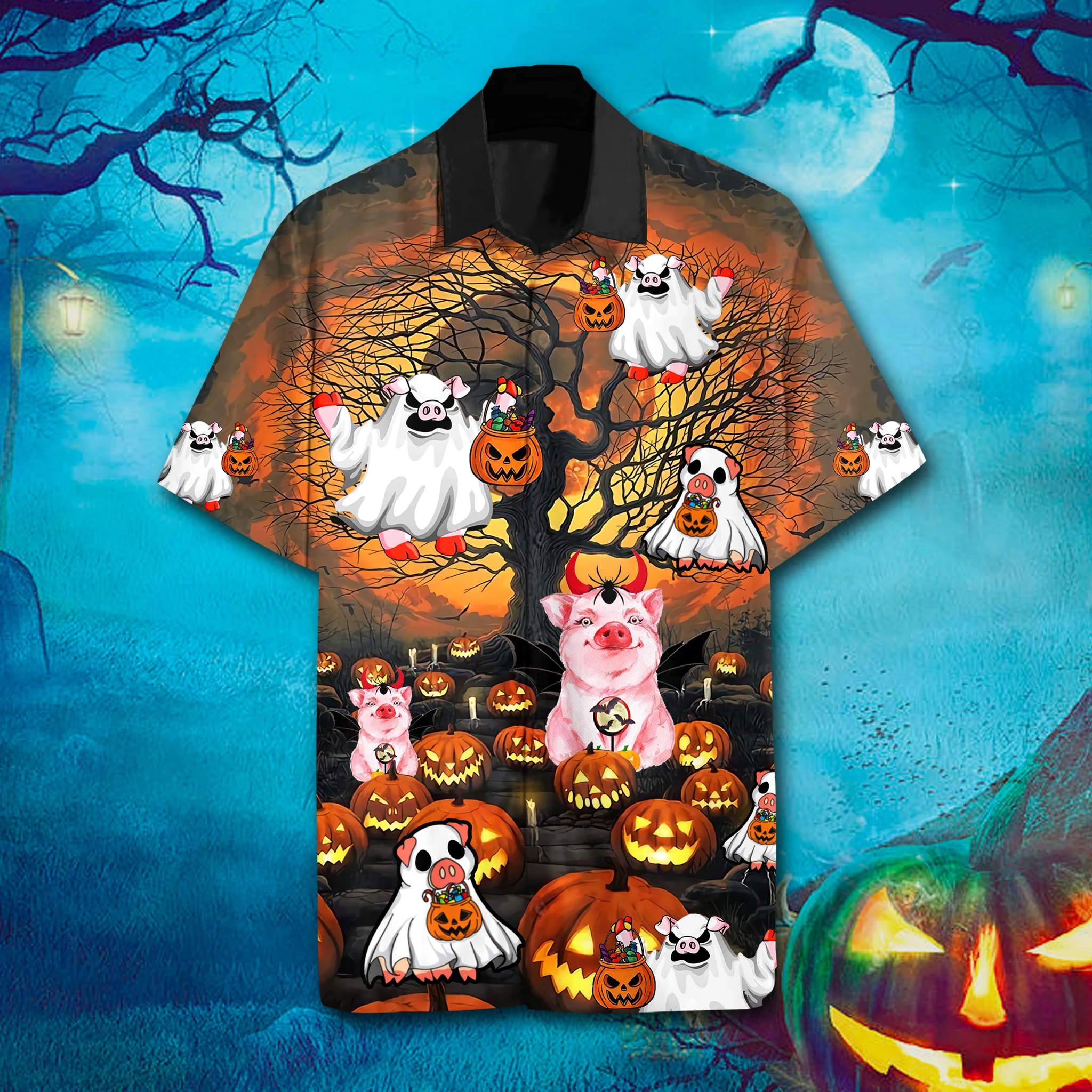 Pig Halloween Hawaii Unisex Print Aloha Short Sleeve Casual Shirt Ha2785