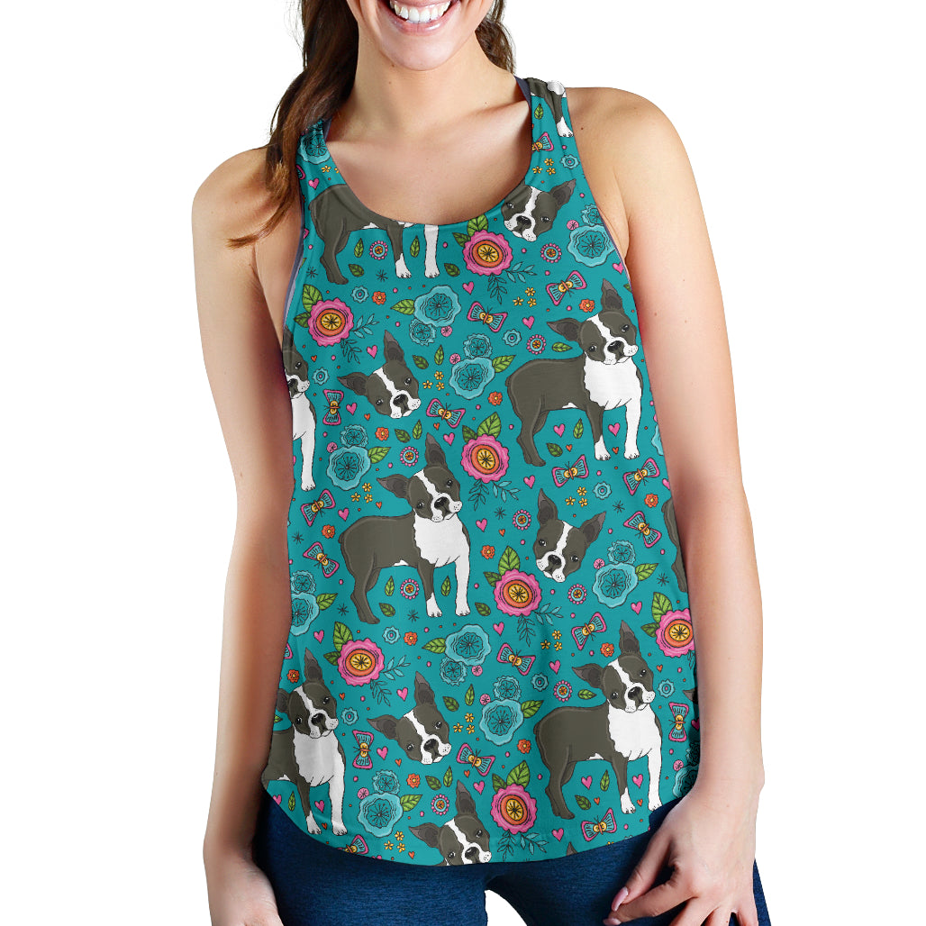 Boston Terrier Beautiful Flower Pattern Women Racerback Tank Top