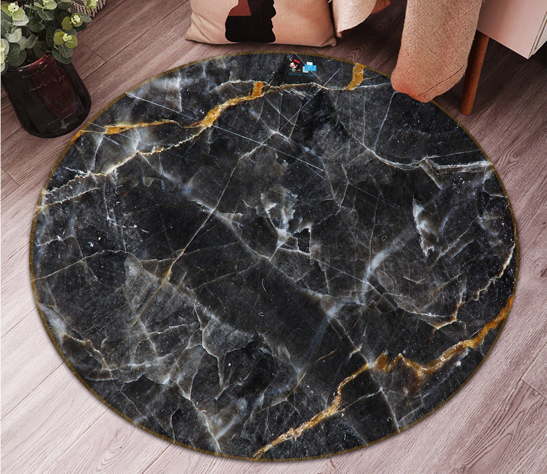 3D Black Granite 1385 Round Rug – Round Carpet Home Decor