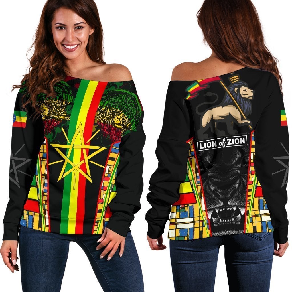 Wonder Print Shop Ethiopian Women’S Off Shoulder Sweater – Ethiopia Flag Color With Lion