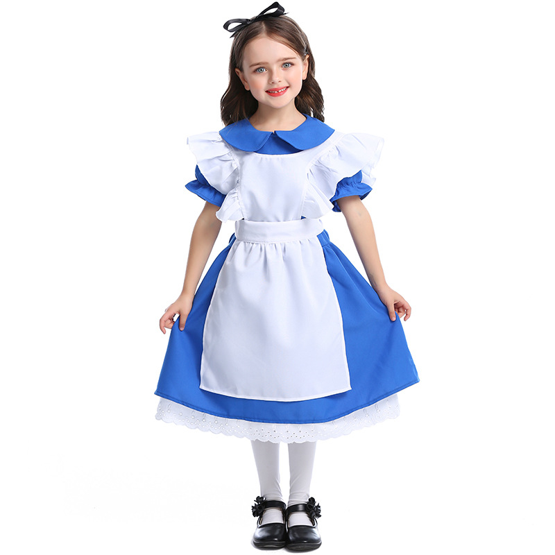 Alice In Wonderland Maid Girls Cosplay Costume Halloween Purim Medieval Servant Outfit Child Birthday Gift Uniform Fancy Dress alx