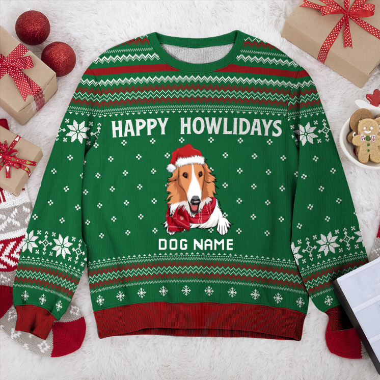 Borzoi Happy Howlidays Personalized Sweater, Dog Ugly Christmas Sweater