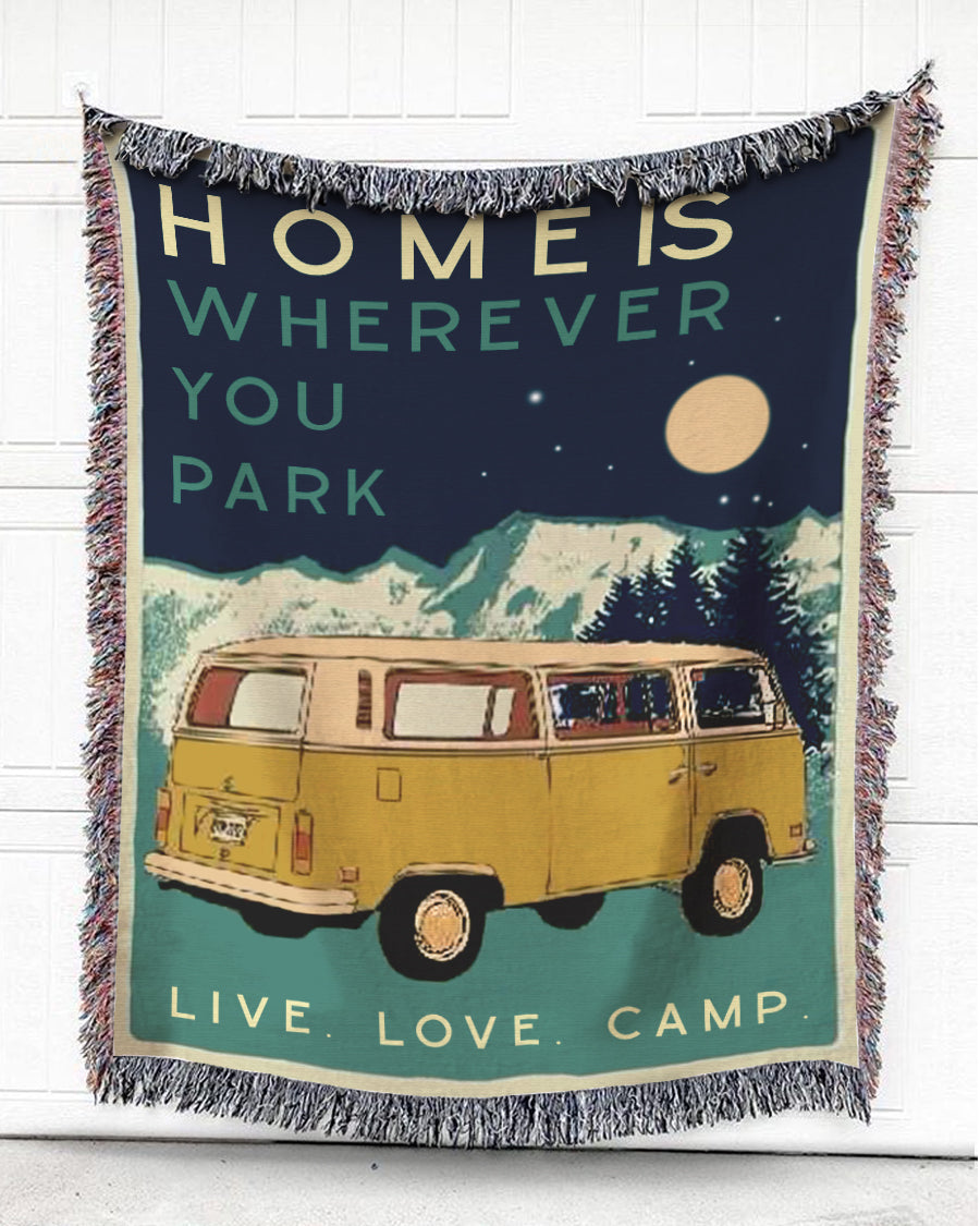 Woven Throw For Campers Camping Gift, Home Is Wherever You Park, Cotton Blanket