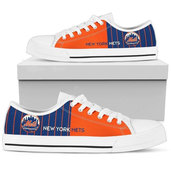 White Low Top Canvas Custom Shoes Gift For Men Simple Design Vertical Stripes New York Mets