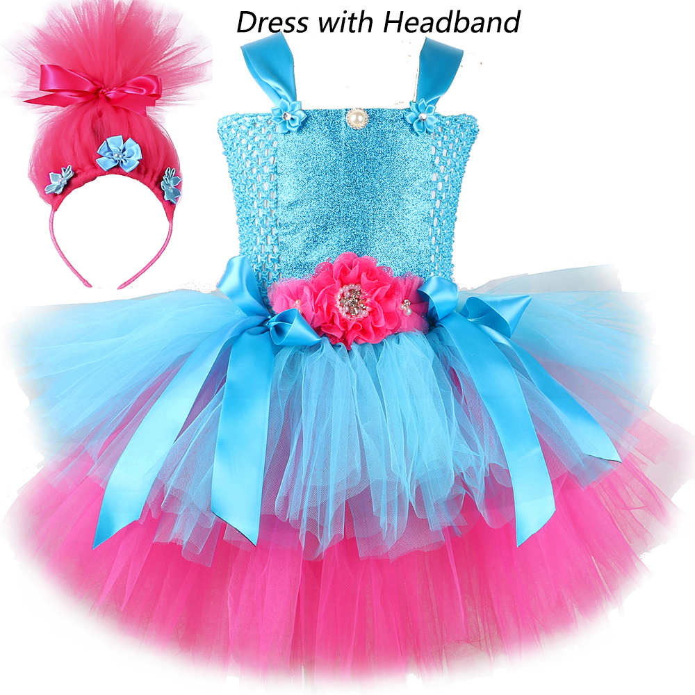 Trolls Inspire Tutu Dress Baby Girls Princess Poppy Dresses for Kids Magic Elves Halloween Costume Fairy Flower Clothes Outfits alx