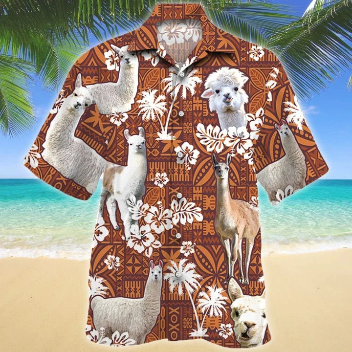 Llama And White Hibiscus On Brown Tribal Hawaii Short Sleeve Hawaii Aloha Shirt For Men Ha108009