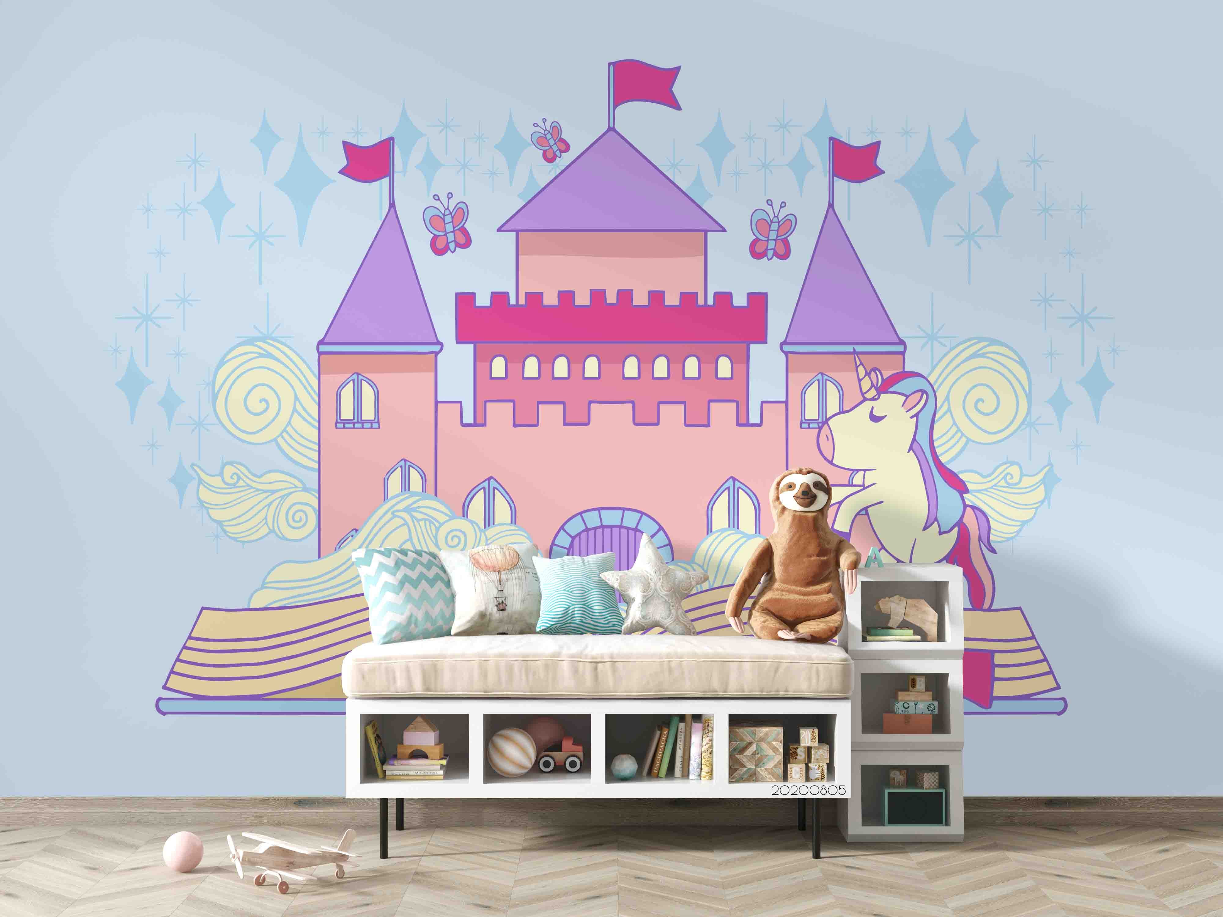 3D Cartoon Pink Castle Unicorn Wall Mural Wallpaper Lxl 747