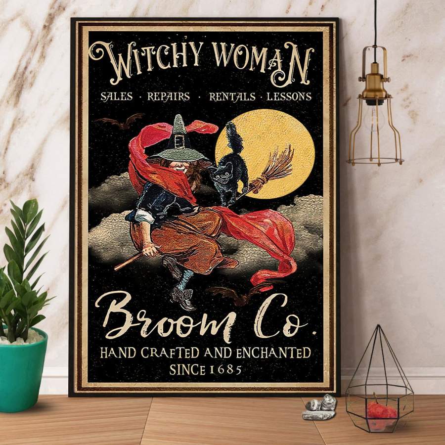 Witch witchy woman broom co retro black Halloween paper poster no frame/ wrapped canvas wall decor full size