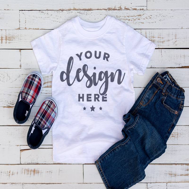 White Kids Tshirt Mockup With Shoes and Jeans On Distressed Wood Hi Resolution 300 ppi Jpeg Image Kids Flat Lay