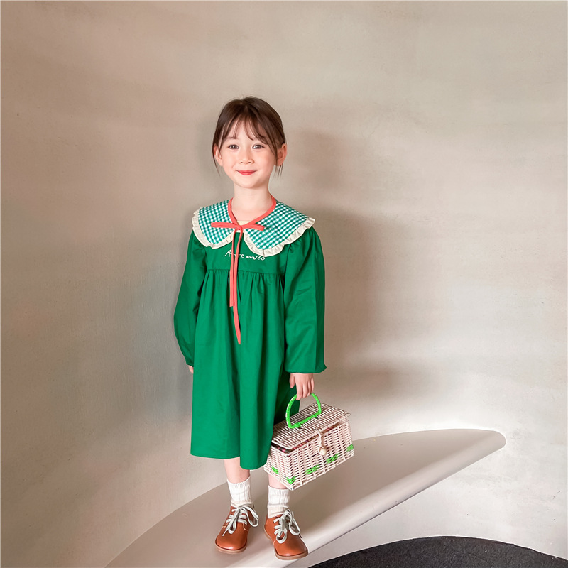 2022 Autumn girls retro style letters Embroidery dress baby girl fashion Turn-Down Collar long sleeve princess dress alx