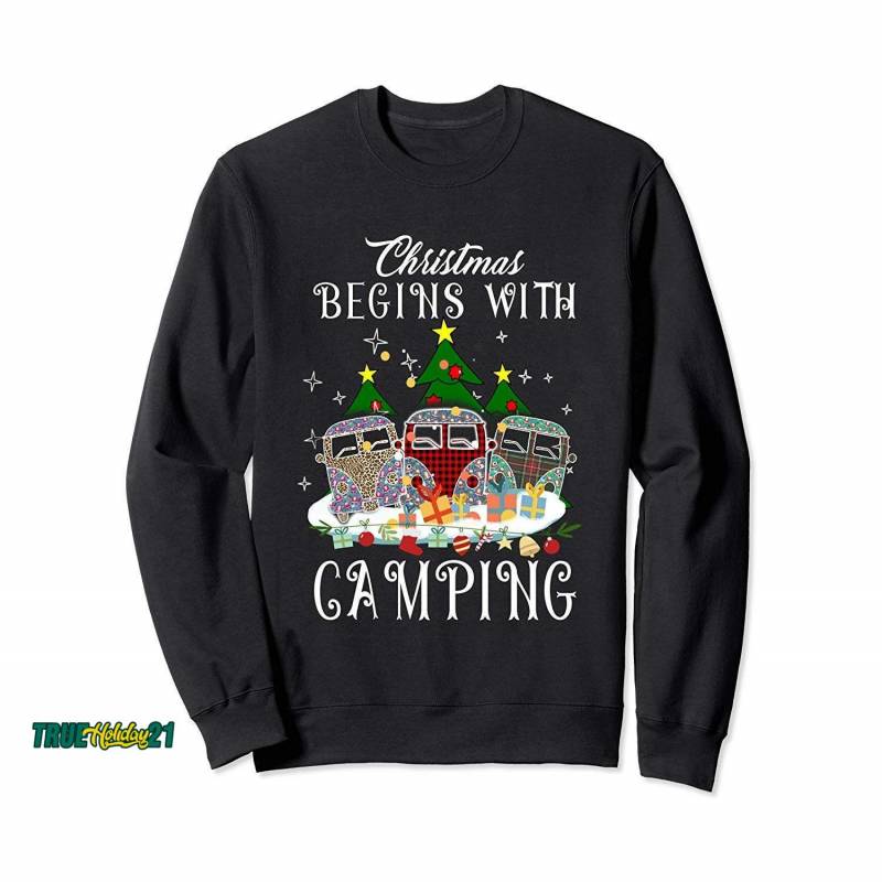 Christmas Begins With Camping Leopard And Buffalo Plaid Xmas Sweatshirt