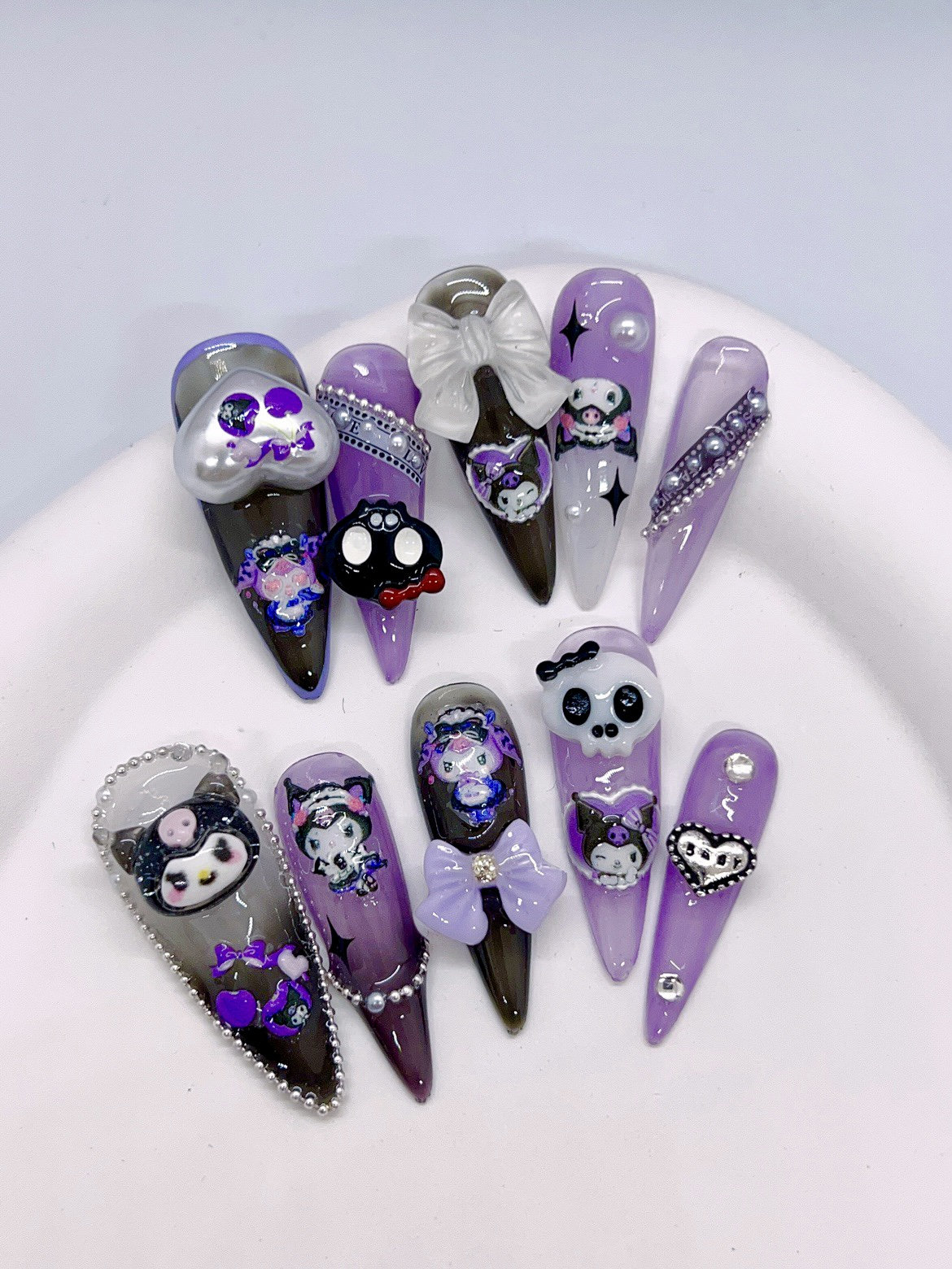 Black Purple Kurommi Press On Nails/Purple Anime Kawaii Fake Nails/Y2k nails/ cute skull nail#119