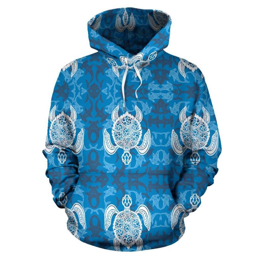 Blue Hawaiian Shark Sea Turtle Pattern Print Women Men All Over Graphic Hoodie