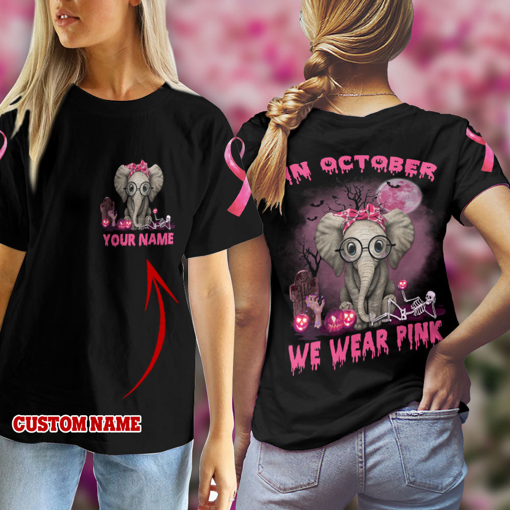 In October We Wear Pink Elephant Black 3D T-Shirt, Breast Cancer Awareness Shirt, Gift For Breast Cancer Survivors Td