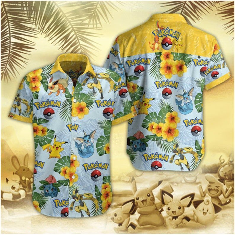 Unifinz Pokemon Hawaii Shirt Pikachu Eevee Flower Yellow Aloha 2022 Ha7204