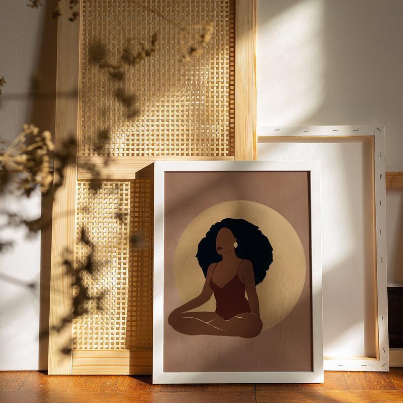 Breathe | Yoga Art Print, Black Woman Art Poster, Canvas Print, Black Girl Wall Art