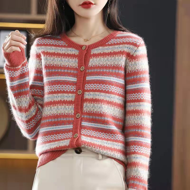 Autumn and winter color-blocking striped o neck cardigan outside with sweater women knitted jacket Western style knitted sweater alx