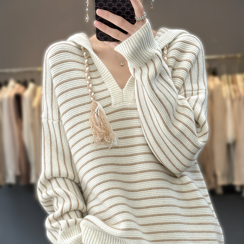 Cashmere Sweater Women’s Hooded Collar Pullover Casual Knitted Fashion Stripe Top100%Wool Autumn and Winter Thickened Hoodie alx