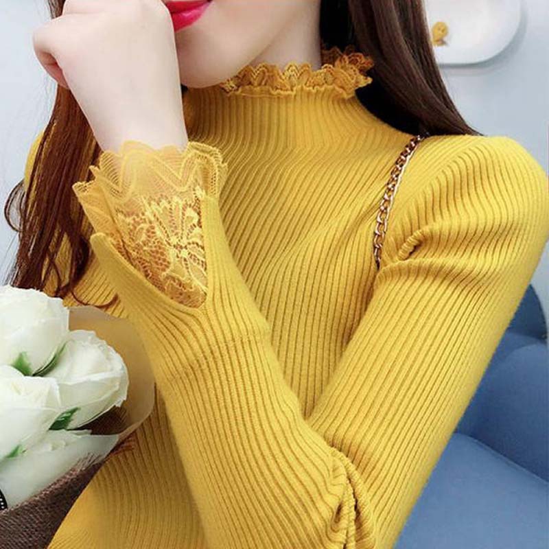 Autumn Winter Women Sweater Lace Turtleneck Sweaters Female Long Sleeve Knitted Pullovers Casual Jumper Femme Pull Sweaters alx