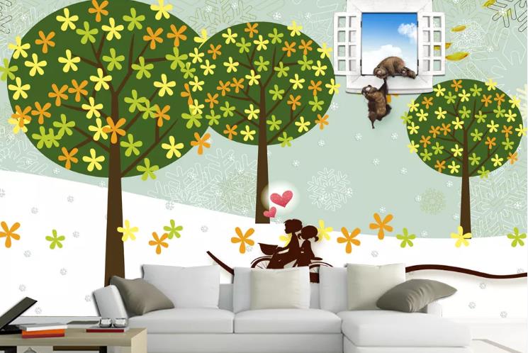 3D Hand Drawn Tree Couple Window Animal Wall Mural Wallpaper Lqh 329